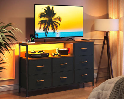 Dresser with LED Lights and Charging Station for Bedoom