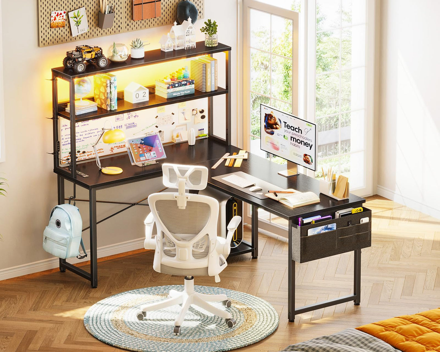 L Shaped Gaming Desk with Shelf & Storage Bag