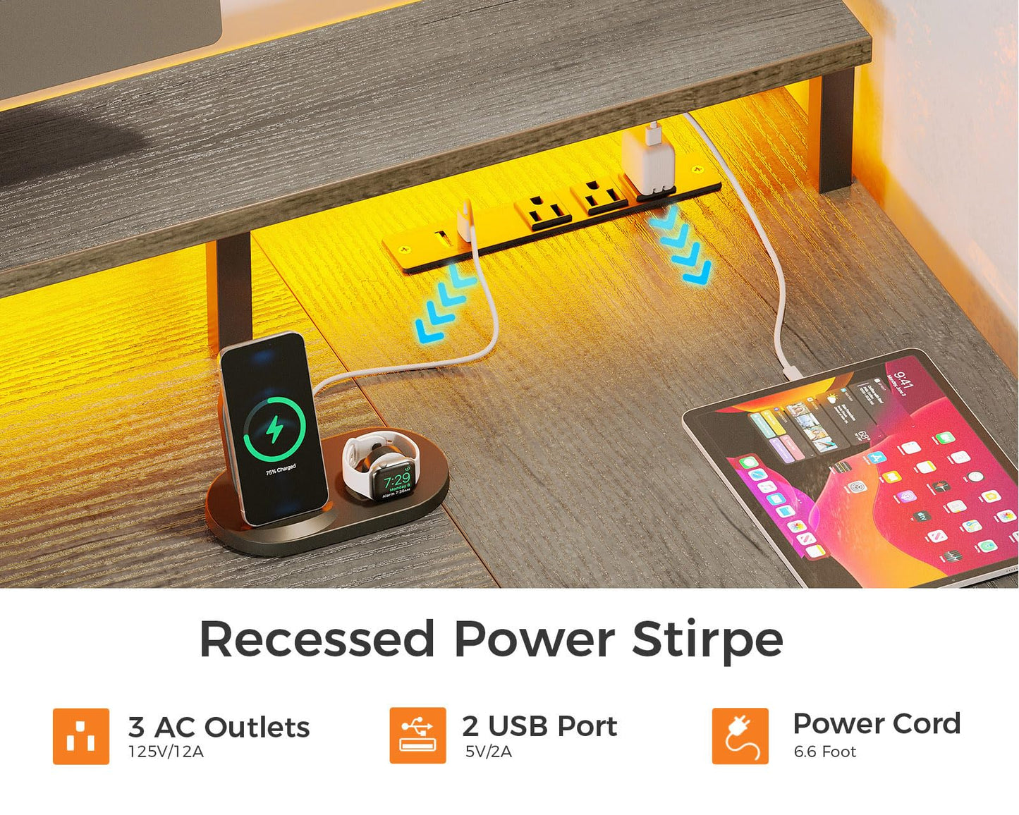 L Shaped Desk with File Drawer Power Outlet & LED Strip
