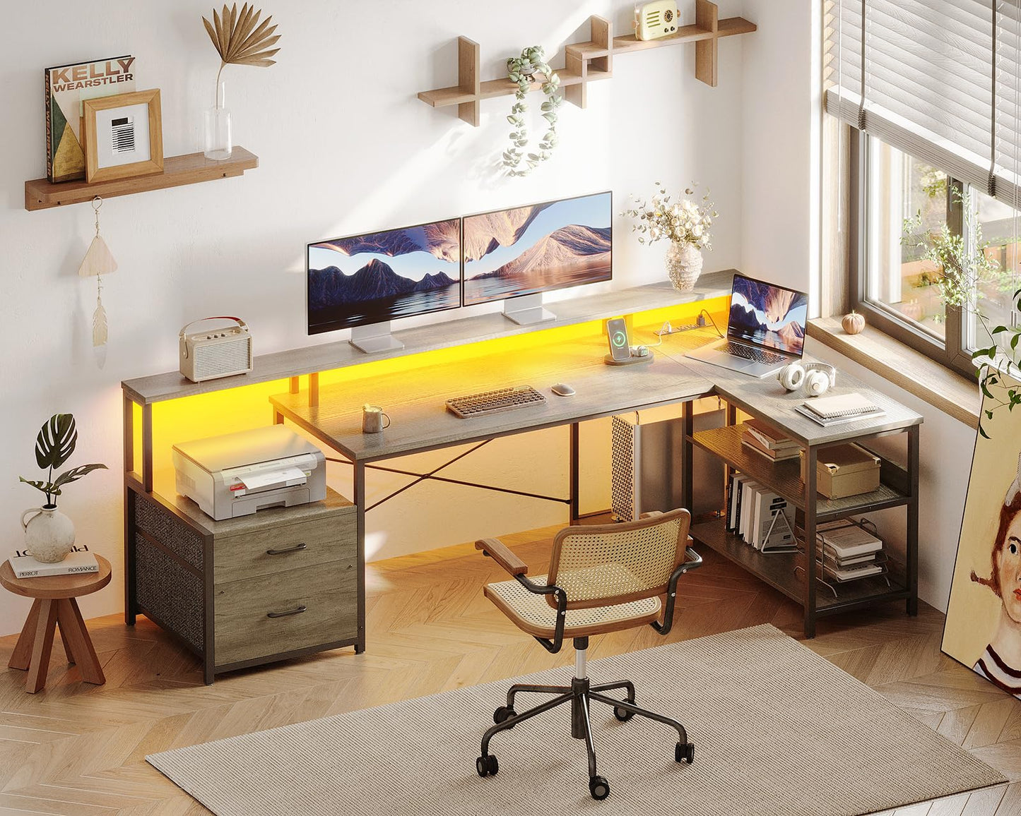 L Shaped Desk with File Drawer Power Outlet & LED Strip